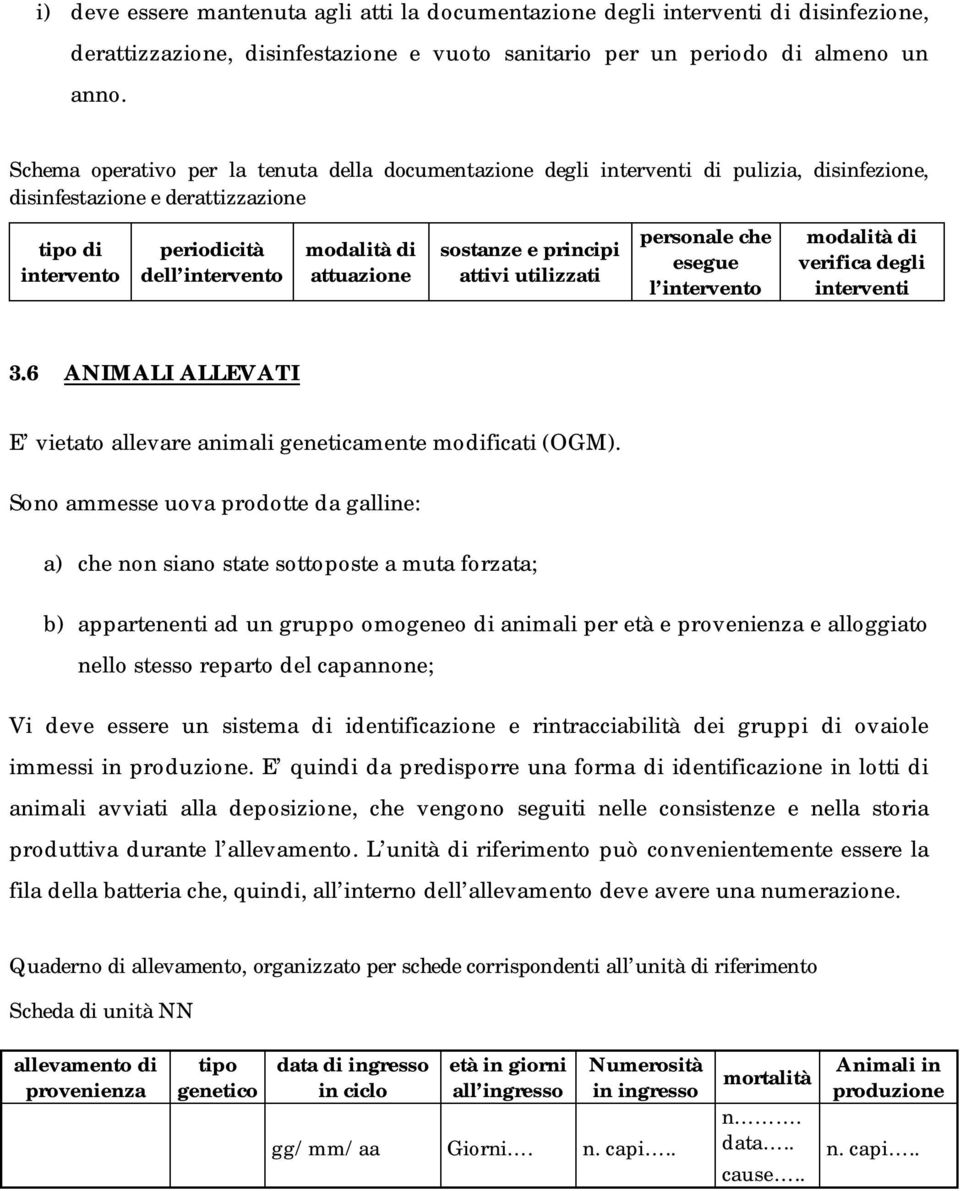 sostanze e principi attivi utilizzati personale che esegue l intervento modalità di verifica degli interventi 3.6 ANIMALI ALLEVATI E vietato allevare animali geneticamente modificati (OGM).