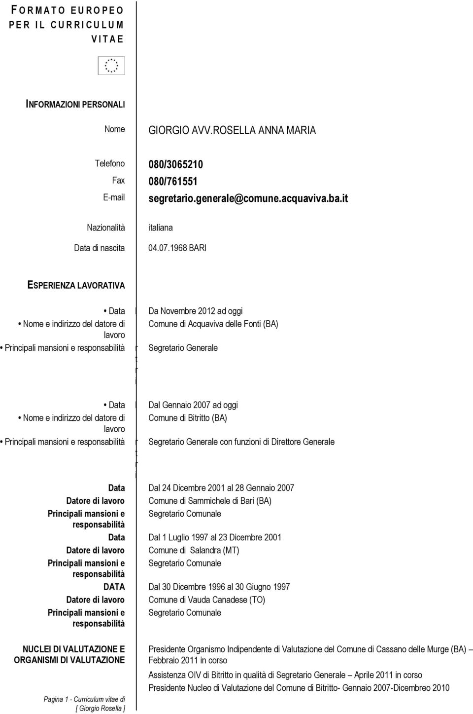 1968 BARI ESPERIENZA LAVORATIVA Data l Da Novembre 2012 ad oggi Nome e indirizzo del datore di Comune di Acquaviva delle Fonti (BA) lavoro Principali mansioni e responsabilità r t r i Segretario