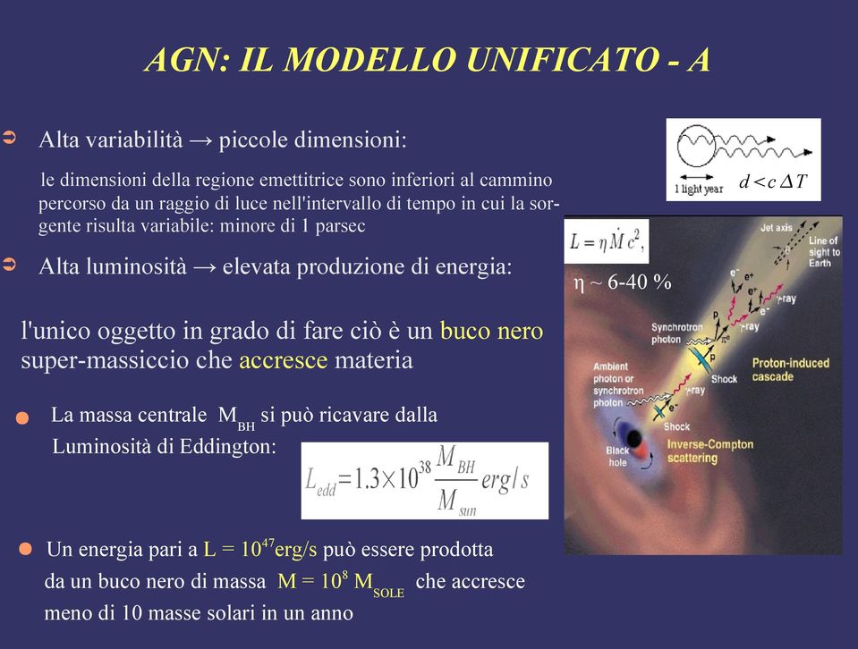 oggetto in grado di fare ciò è un buco nero super-massiccio che accresce materia La massa centrale MBH si può ricavare dalla Luminosità di Eddington: