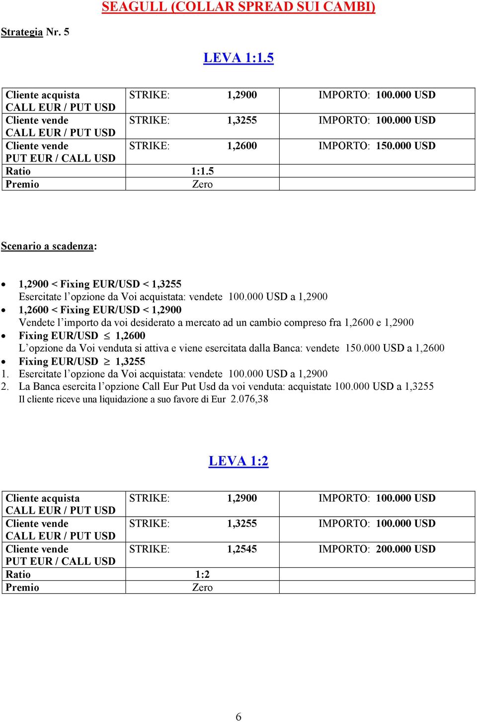 000 USD a 1,2900 1,2600 < Fixing EUR/USD < 1,2900 Vendete l importo da voi desiderato a mercato ad un cambio compreso fra 1,2600 e 1,2900 Fixing EUR/USD 1,2600 L opzione da Voi venduta si attiva e