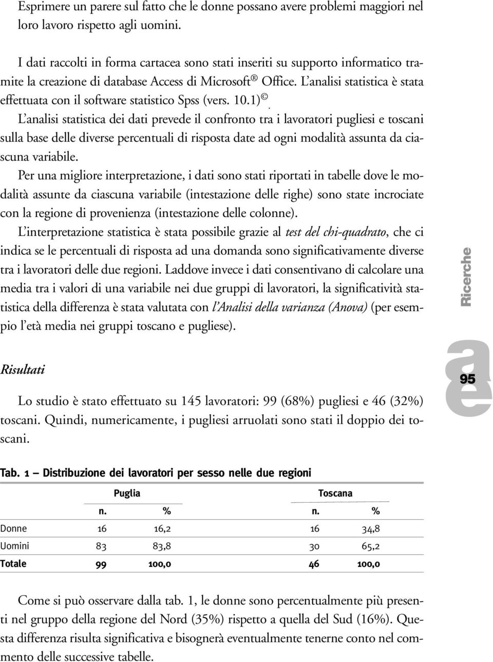 L nlisi sttistic di dti prvd il confronto tr i lvortori puglisi toscni sull bs dll divrs prcntuli di rispost dt d ogni modlità ssunt d ciscun vribil.