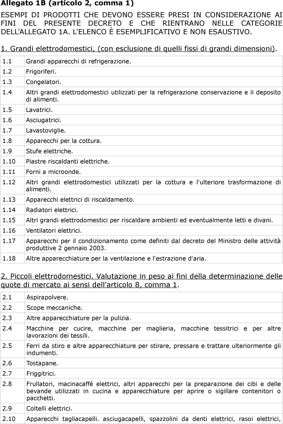 1.4 Altri grandi elettrodomestici utilizzati per la refrigerazione conservazione e il deposito di alimenti. 1.5 Lavatrici. 1.6 Asciugatrici. 1.7 Lavastoviglie. 1.8 Apparecchi per la cottura. 1.9 Stufe elettriche.