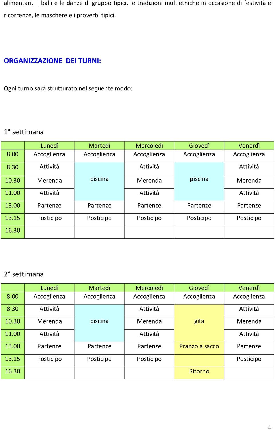 00 13.00 Partenze Partenze Partenze Partenze Partenze 13.15 Posticipo Posticipo Posticipo Posticipo Posticipo 16.30 2 settimana 8.30 10.