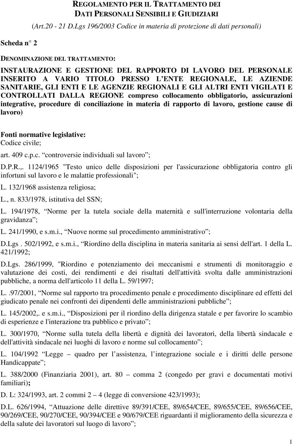 REGIONALE, LE AZIENDE SANITARIE, GLI ENTI E LE AGENZIE REGIONALI E GLI ALTRI ENTI VIGILATI E CONTROLLATI DALLA REGIONE compreso collocamento obbligatorio, assicurazioni integrative, procedure di