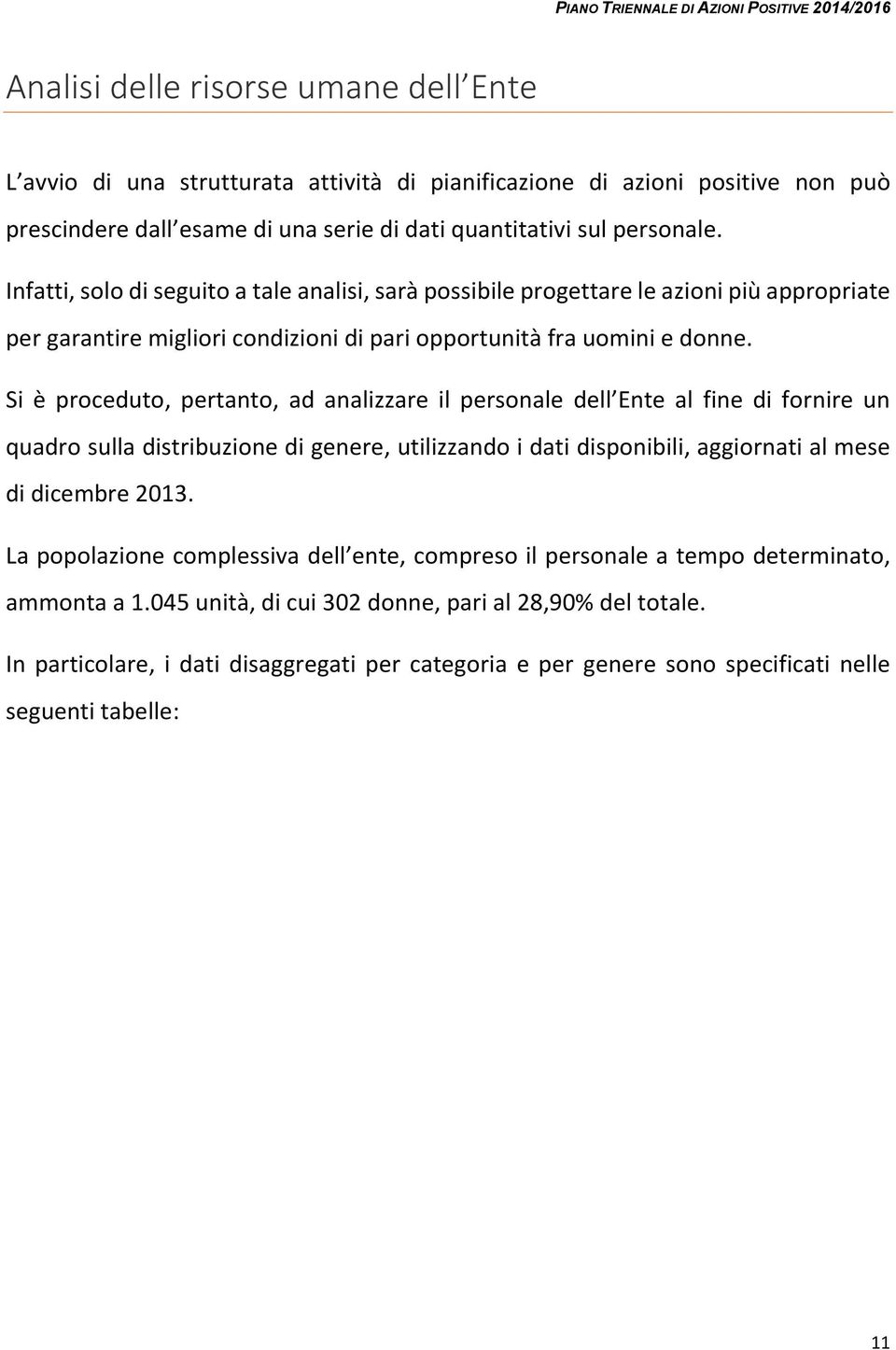 Si è proceduto, pertanto, ad analizzare il personale dell Ente al fine di fornire un quadro sulla distribuzione di genere, utilizzando i dati disponibili, aggiornati al mese di dicembre 2013.