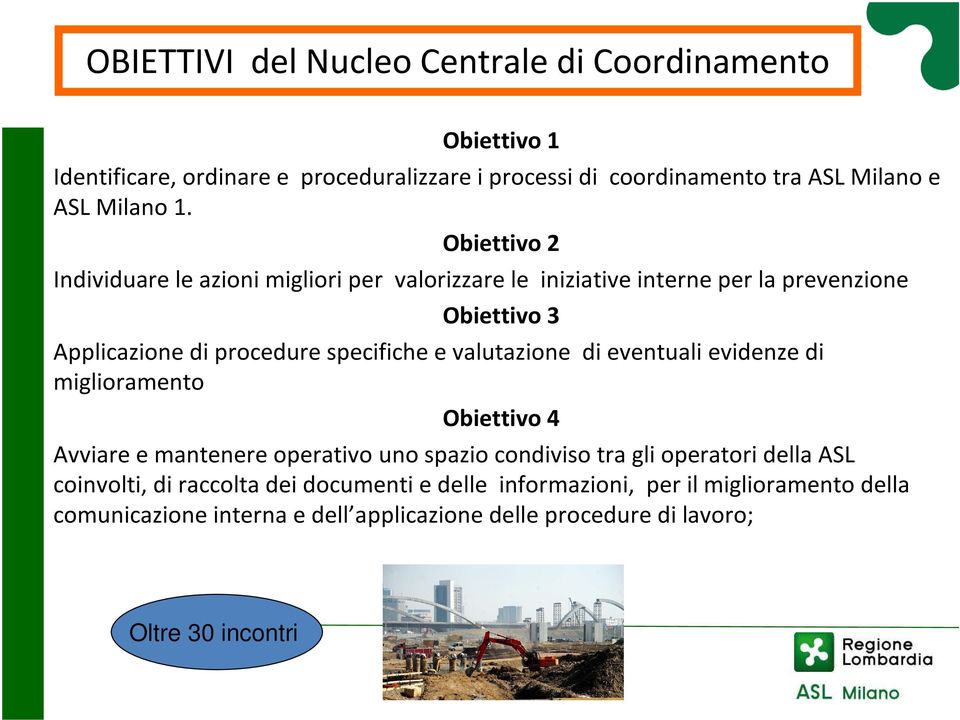 Obiettivo 2 Individuare le azioni migliori per valorizzare le iniziative interne per la prevenzione Obiettivo 3 Applicazione di procedure specifiche e