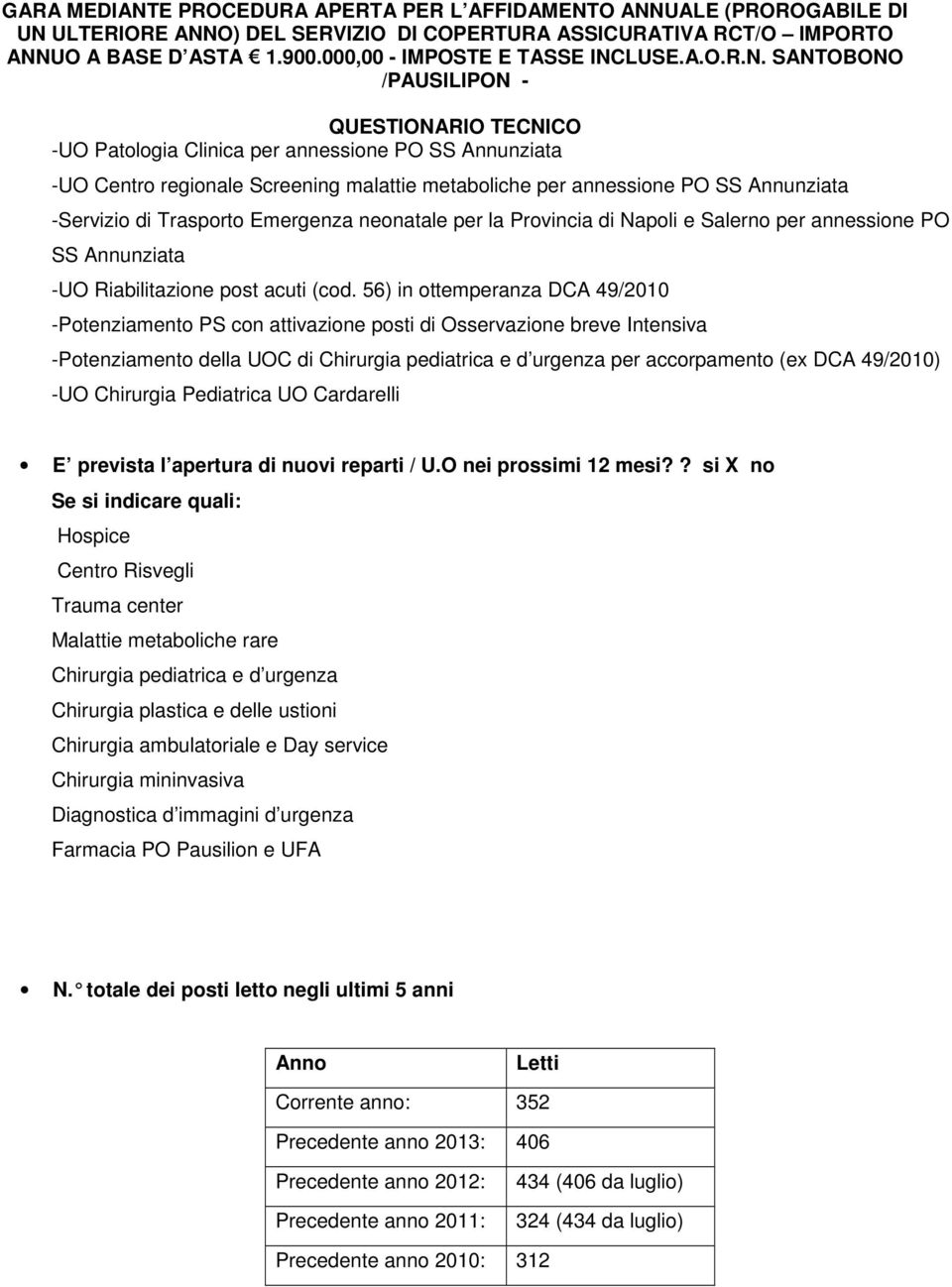 56) in ottemperanza DCA 49/2010 -Potenziamento PS con attivazione posti di Osservazione breve Intensiva -Potenziamento della UOC di Chirurgia pediatrica e d urgenza per accorpamento (ex DCA 49/2010)