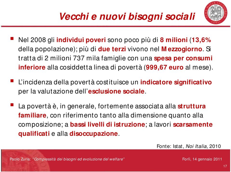 L incidenza della povertà costituisce un indicatore significativo per la valutazione dell esclusione sociale.