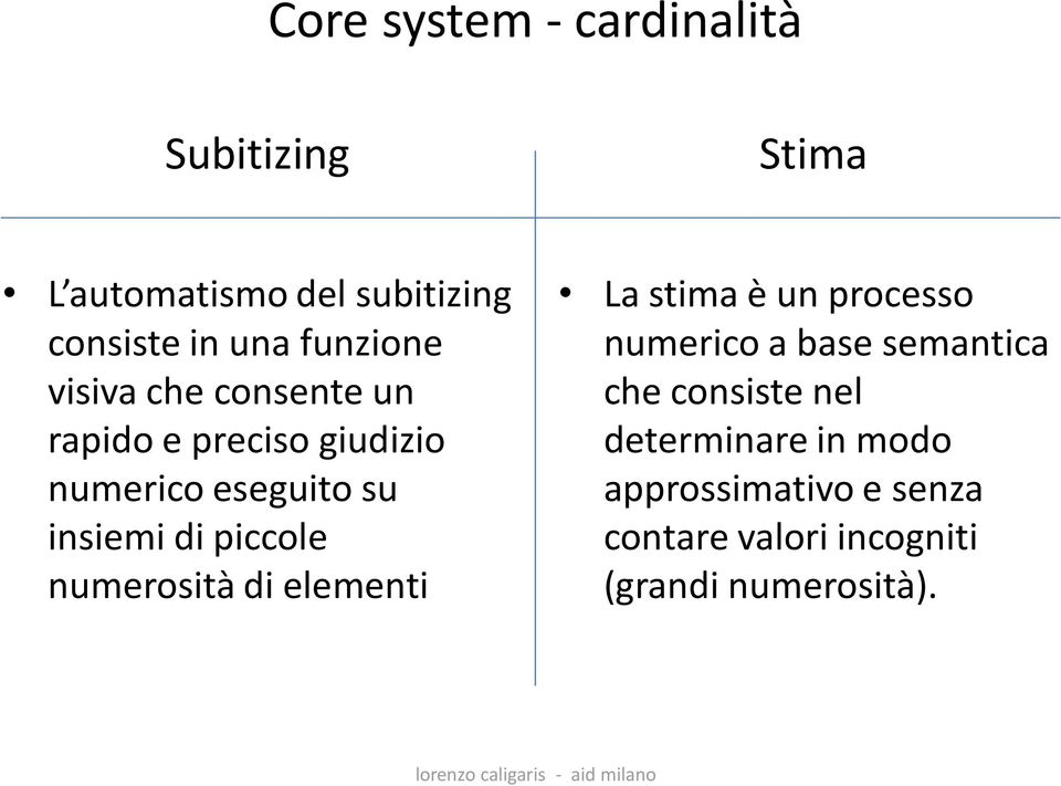 piccole numerosità di elementi La stima è un processo numerico a base semantica che