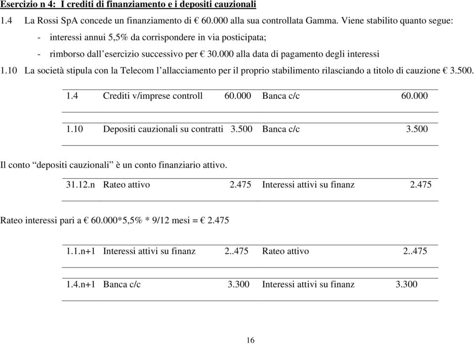 10 La società stipula con la Telecom l allacciamento per il proprio stabilimento rilasciando a titolo di cauzione 3.500. 1.4 Crediti v/imprese controll 60.000 Banca c/c 60.000 1.