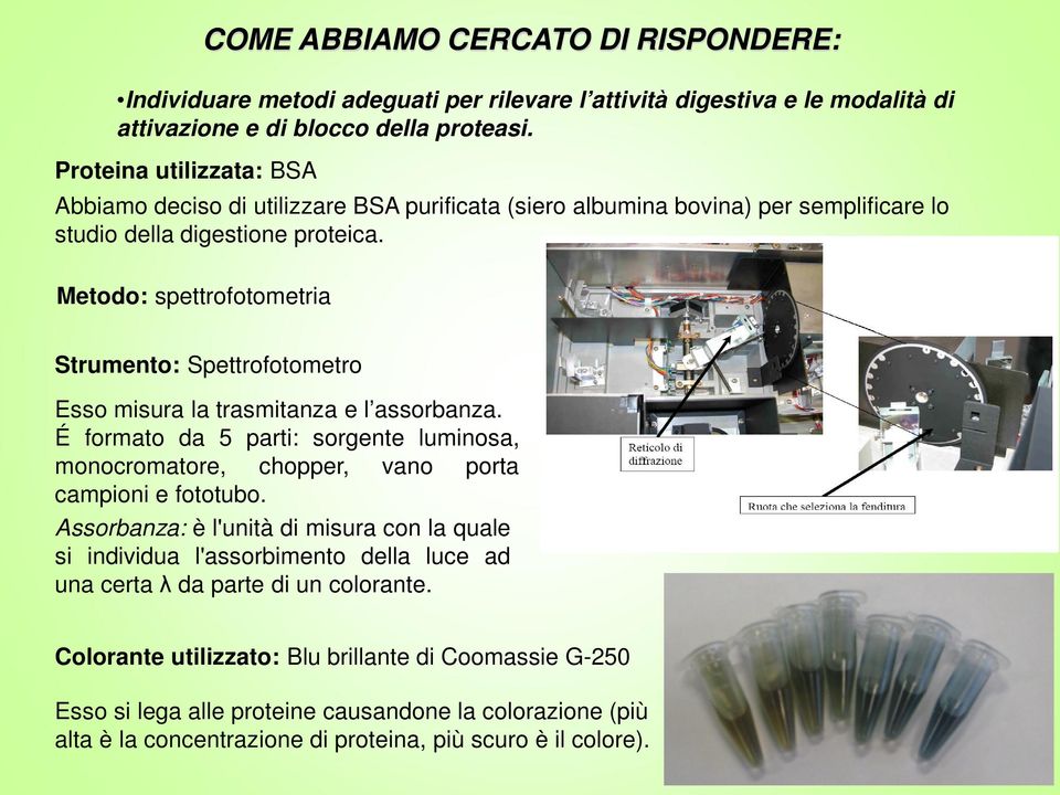 Metodo: spettrofotometria Strumento: Spettrofotometro Esso misura la trasmitanza e l assorbanza. É formato da 5 parti: sorgente luminosa, monocromatore, chopper, vano porta campioni e fototubo.