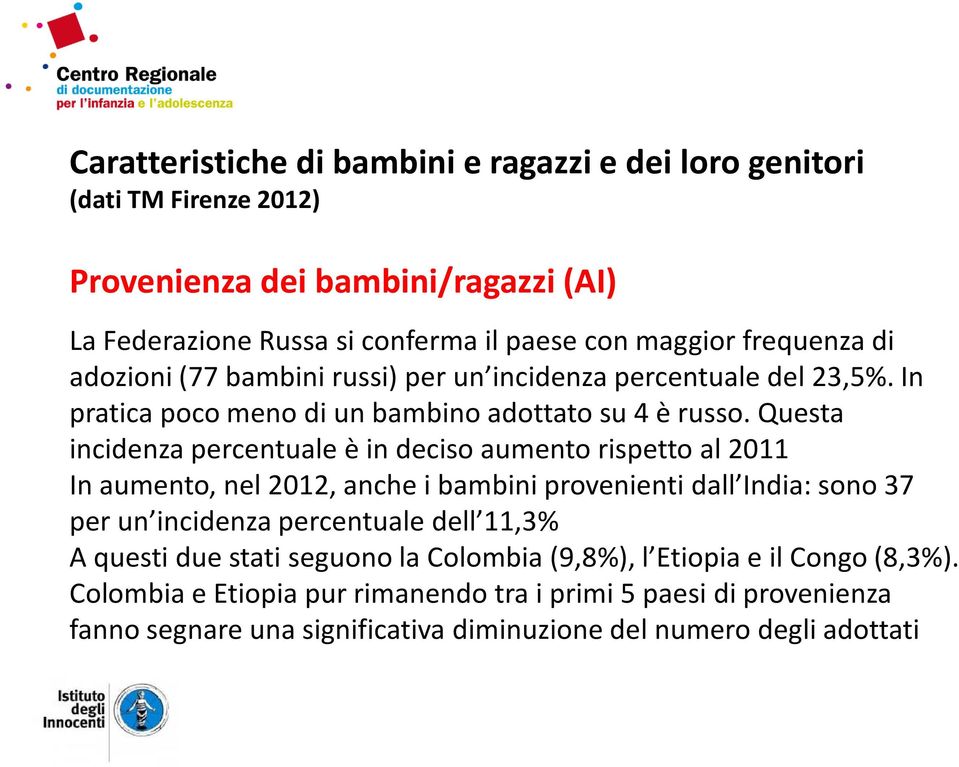 Questa incidenza percentuale è in deciso aumento rispetto al 2011 In aumento, nel 2012, anche i bambini provenienti dall India: sono 37 per un incidenza percentuale dell