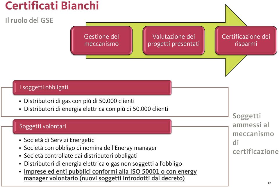 000 clienti Soggetti volontari Società di Servizi Energetici Società con obbligo di nomina dell Energy manager Società controllate dai distributori obbligati