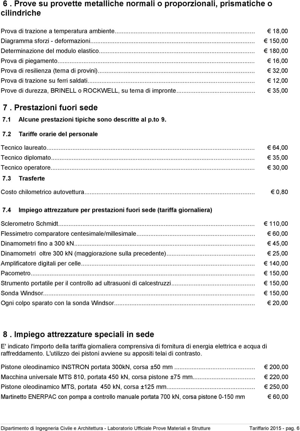 .. 12,00 Prove di durezza, BRINELL o ROCKWELL, su terna di impronte... 35,00 7. Prestazioni fuori sede 7.1 Alcune prestazioni tipiche sono descritte al p.to 9. 7.2 Tariffe orarie del personale Tecnico laureato.