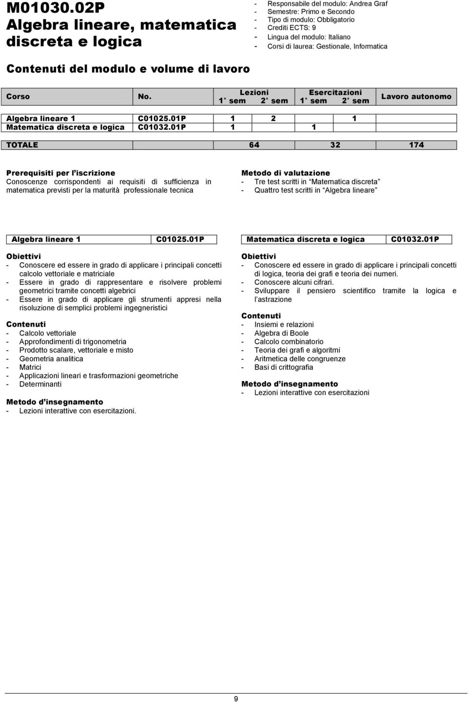 di lavoro Corso No. Lezioni 1 sem 2 sem Esercitazioni 1 sem 2 sem Lavoro autonomo Algebra lineare 1 C01025.01P 1 2 1 Matematica discreta e logica C01032.