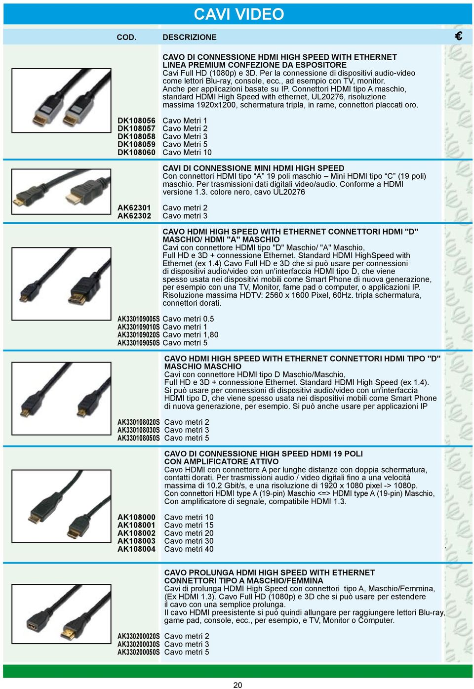 Connettori HDMI tipo A maschio, standard HDMI High Speed with ethernet, UL20276, risoluzione massima 1920x1200, schermatura tripla, in rame, connettori placcati oro.