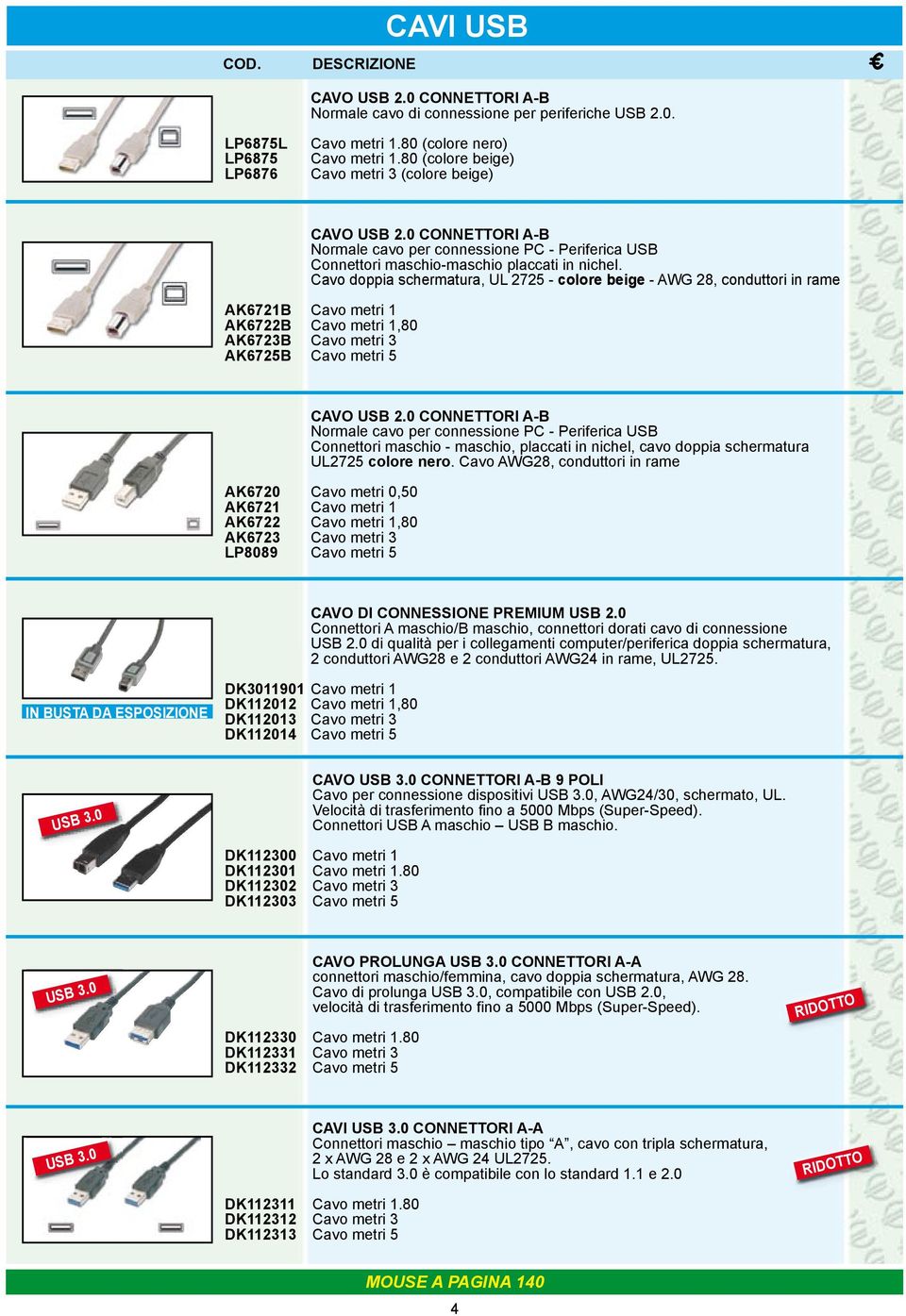 Cavo doppia schermatura, UL 2725 - colore beige - AWG 28, conduttori in rame AK6721B Cavo metri 1 AK6722B Cavo metri 1,80 AK6723B Cavo metri 3 AK6725B Cavo metri 5 CAVO USB 2.