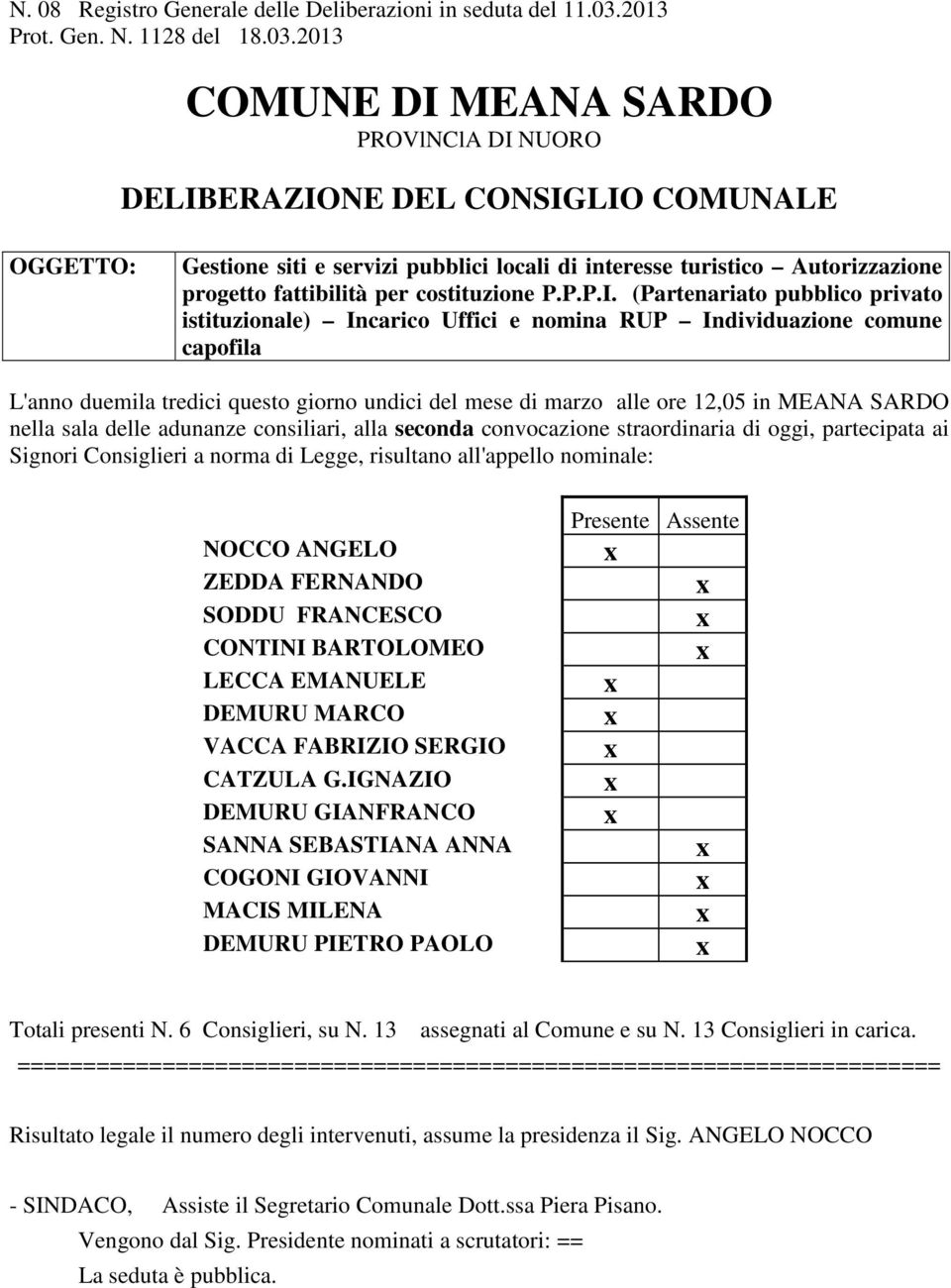 2013 COMUNE DI MEANA SARDO PROVlNClA DI NUORO DELIBERAZIONE DEL CONSIGLIO COMUNALE OGGETTO: Gestione siti e servizi pubblici locali di interesse turistico Autorizzazione progetto fattibilità per