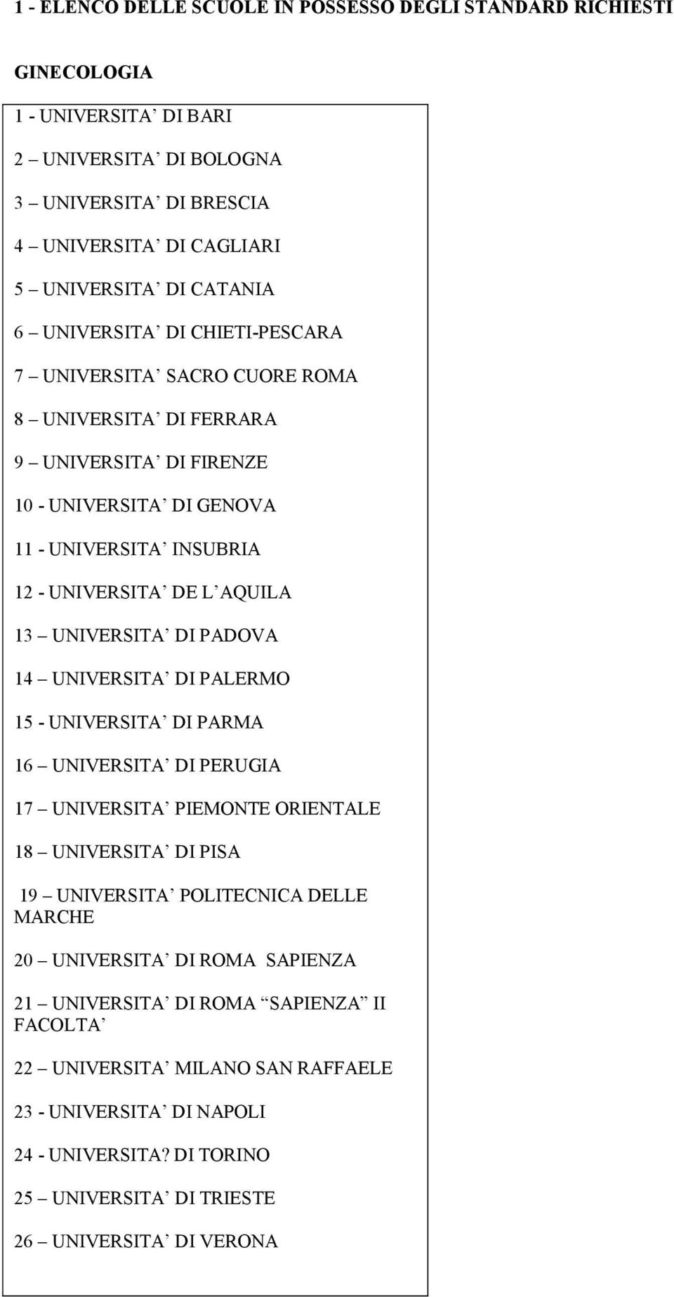 UNIVERSITA DI PADOVA 14 UNIVERSITA DI PALERMO 15 - UNIVERSITA DI PARMA 16 UNIVERSITA DI PERUGIA 17 UNIVERSITA PIEMONTE ORIENTALE 18 UNIVERSITA DI PISA 19 UNIVERSITA POLITECNICA DELLE MARCHE 20