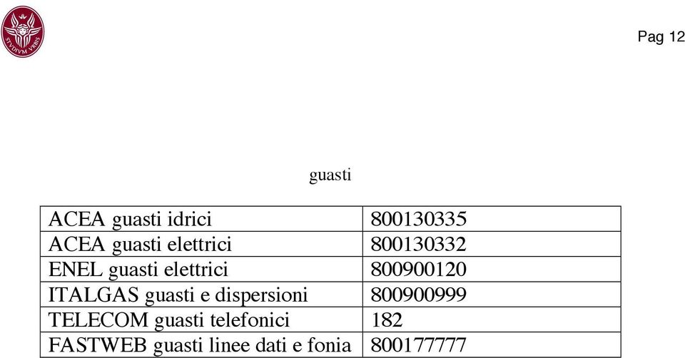 ITALGAS guasti e dispersioni 800900999 TELECOM guasti