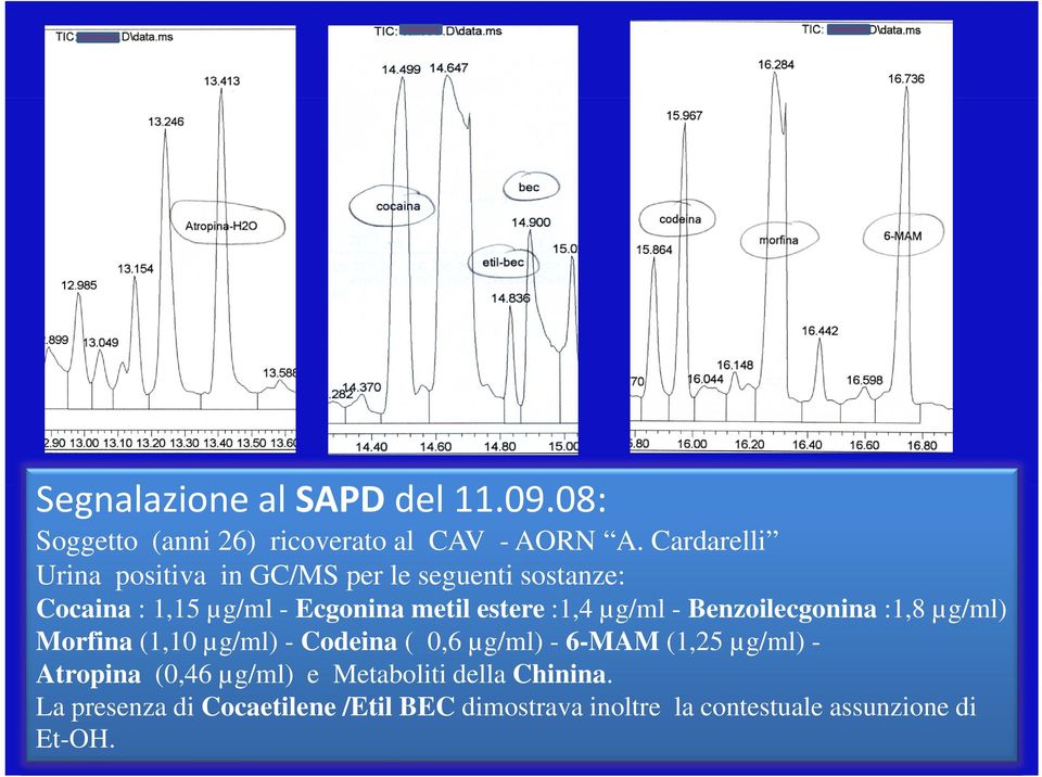 :1,4 µg/ml - Benzoilecgonina :1,8 µg/ml) Morfina (1,10 µg/ml) - Codeina ( 0,6 µg/ml) - 6-MAM (1,25 µg/ml) -