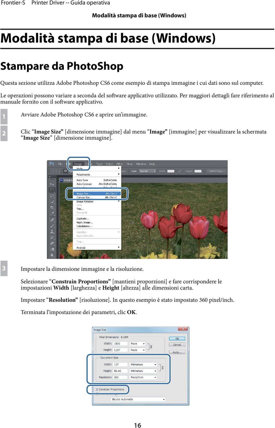 1 2 Avviare Adobe Photoshop CS6 e aprire un immagine. Clic Image Size [dimensione immagine] dal menu Image [immagine] per visualizzare la schermata Image Size [dimensione immagine].