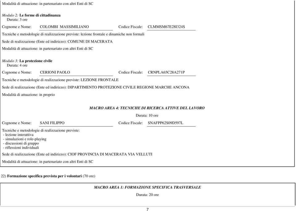 Nome: CERIONI PAOLO Codice Fiscale: CRNPLA65C28A271P Sede di realizzazione (Ente ed indirizzo): DIPARTIMENTO PROTEZIONE CIVILE REGIONE MARCHE ANCONA Tecniche e metodologie di realizzazione previste: