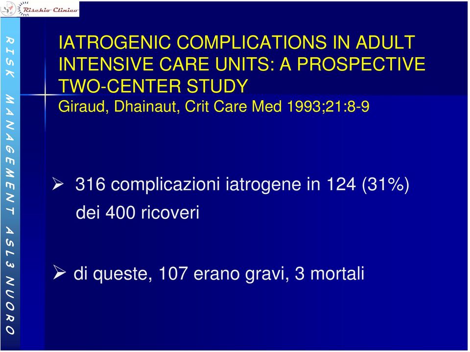 Care Med 1993;21:8-9 316 complicazioni iatrogene in 124