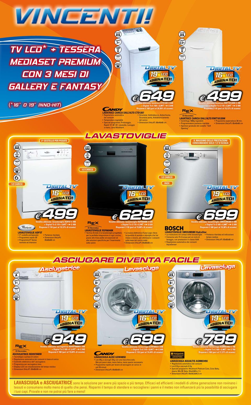 al 20,56% di sconto) Vndita abbinata: lavatric RWT10120W 498 Digital Tv 119 = 617 Risparmi 118 (pari al 19,12% di sconto) LVTRICE CRIC DLL LTO CTD1207 Rgolazion automatica di consumi Tmpratura