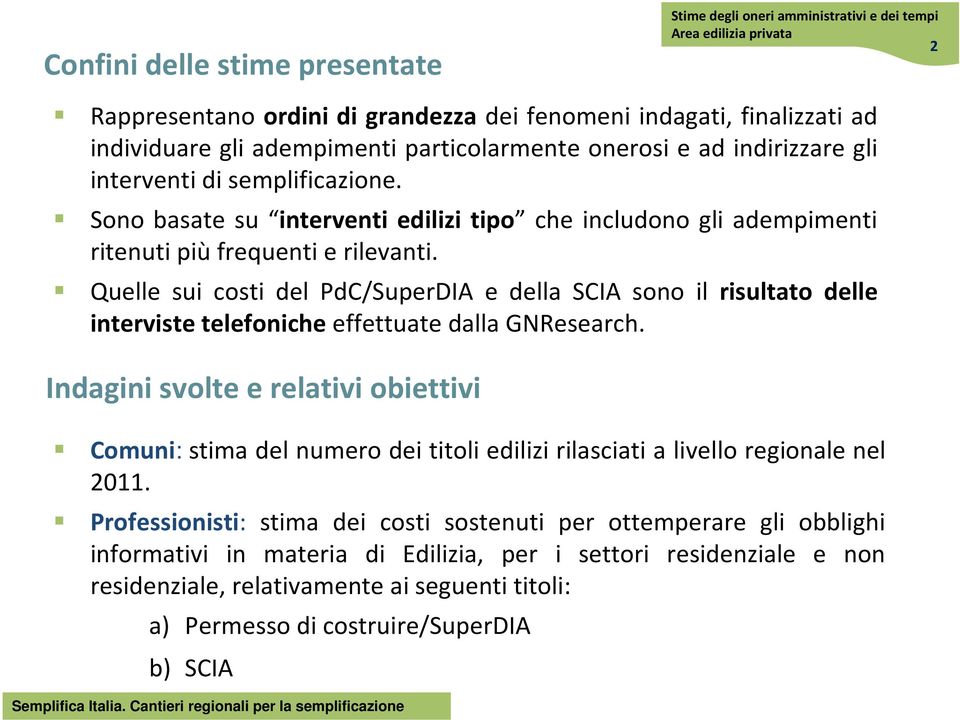 Quelle sui costi del PdC/SuperDIA e della SCIA sono il risultato delle interviste telefoniche effettuate dalla GNResearch.