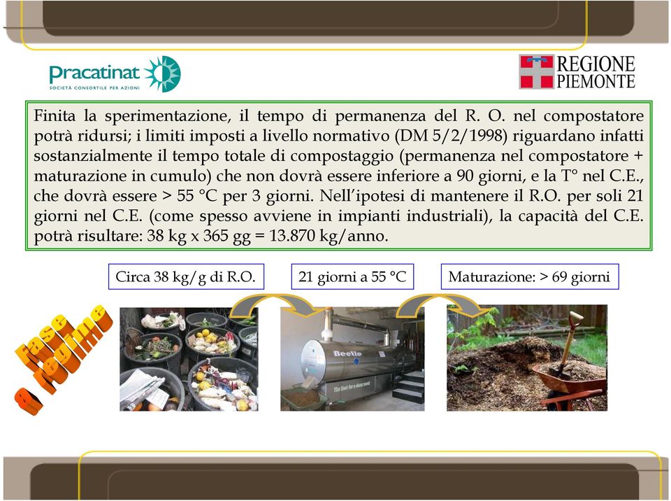 (permanenza nel compostatore + maturazione in cumulo) che non dovrà essere inferiore a 90 giorni, e la T nel C.E., che dovrà essere > 55 C per 3 giorni.