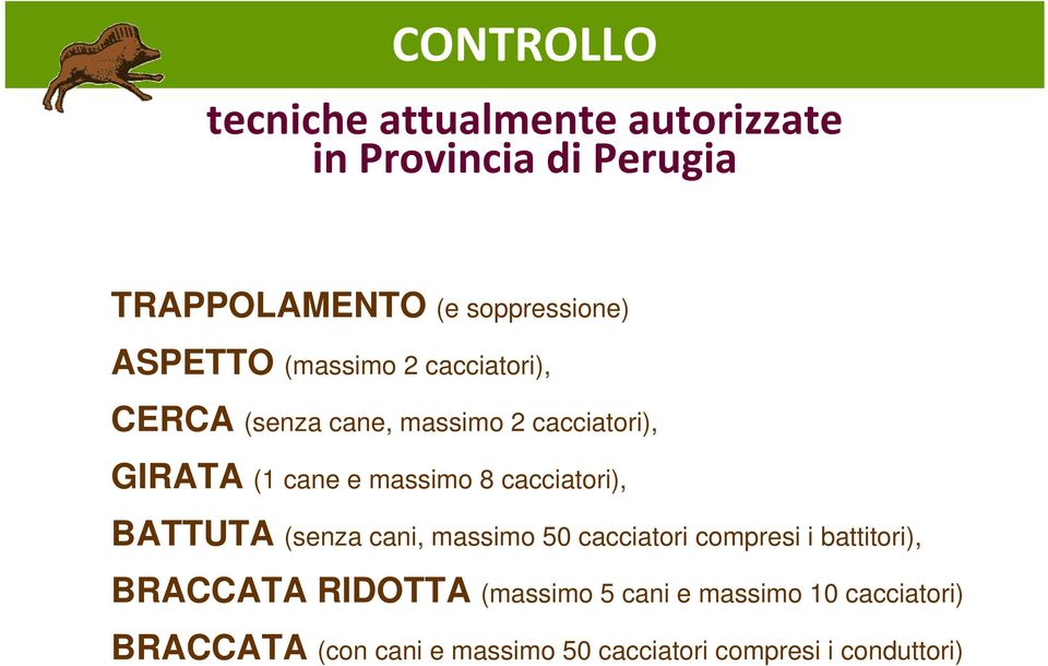 cacciatori), BATTUTA (senza cani, massimo 50 cacciatori compresi i battitori), BRACCATA RIDOTTA