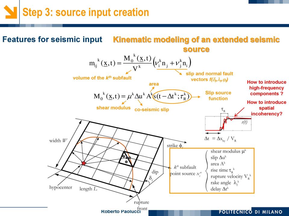 shear modulus k area k A s( t t co-seismic slip k k ; ) R slip and normal fault vectors f( f, f, f )