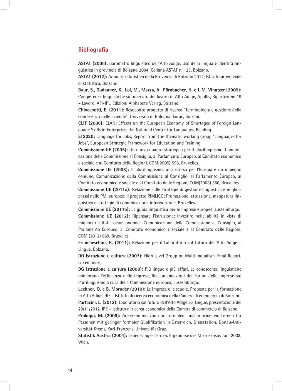 , Mazza, A., Pörnbacher, H. e I. M. Vinatzer (2009): Competenze linguistiche sul mercato del lavoro in Alto Adige, Apollis, Ripartizione 19 Lavoro, AFI-IPL, Edizioni Alphabeta Verlag, Bolzano.