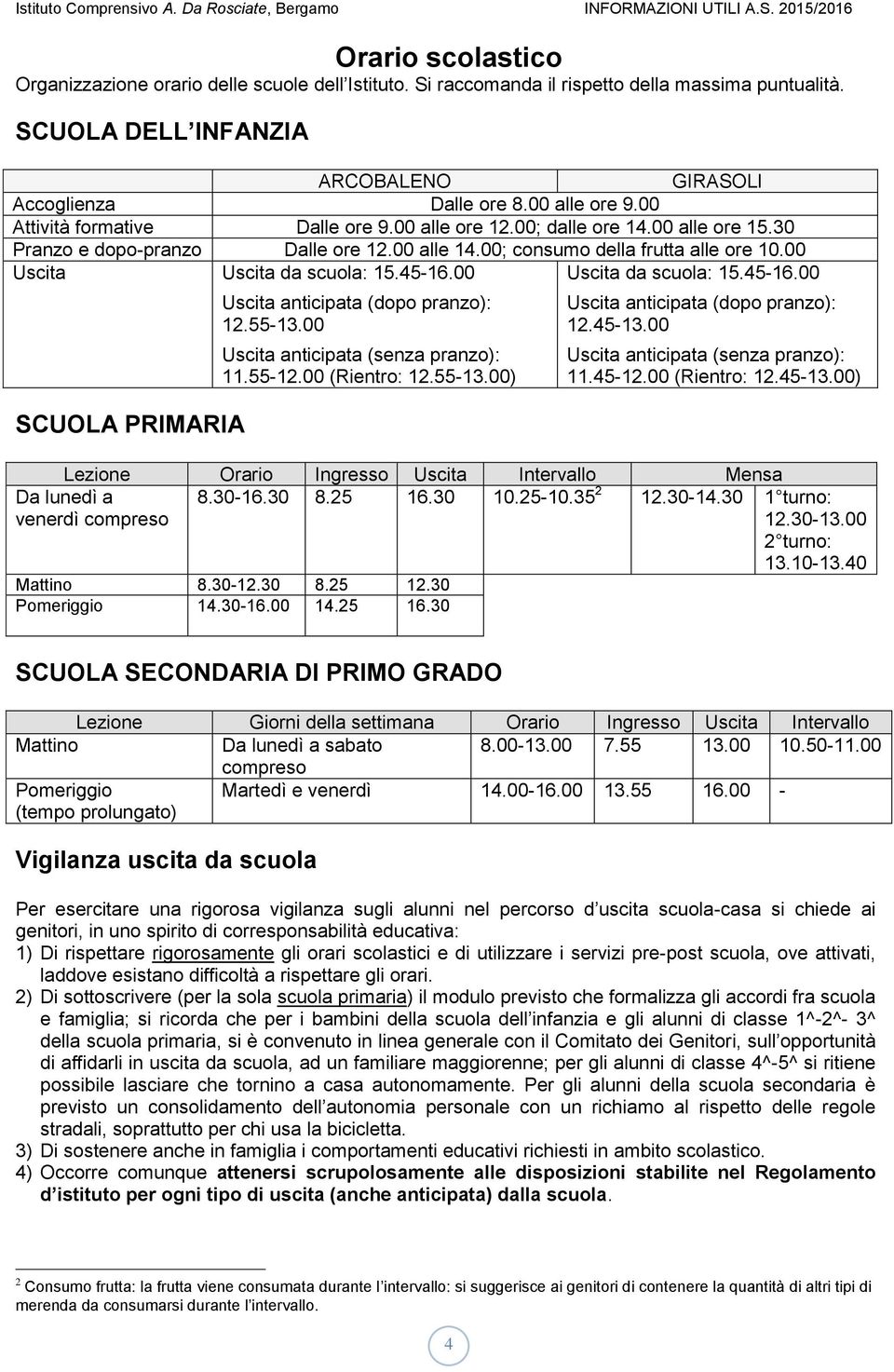 45-16.00 Uscita da scuola: 15.45-16.00 SCUOLA PRIMARIA Da lunedì a venerdì compreso Uscita anticipata (dopo pranzo): 12.55-13.00 Uscita anticipata (senza pranzo): 11.55-12.00 (Rientro: 12.55-13.00) Uscita anticipata (dopo pranzo): 12.