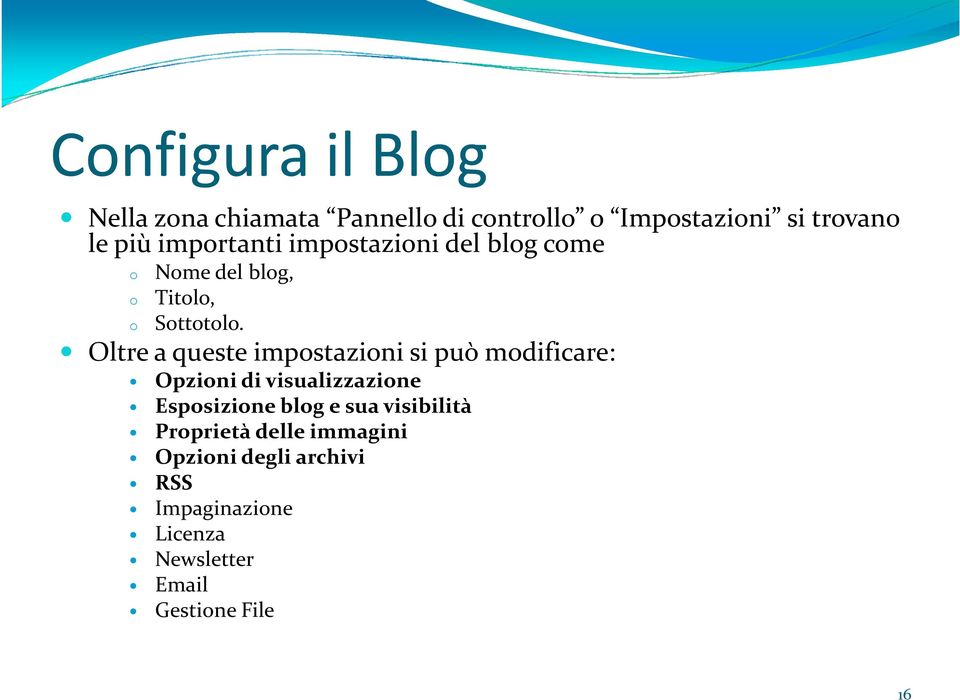 Oltre a queste impostazioni si può modificare: Opzioni di visualizzazione Esposizione blog e sua