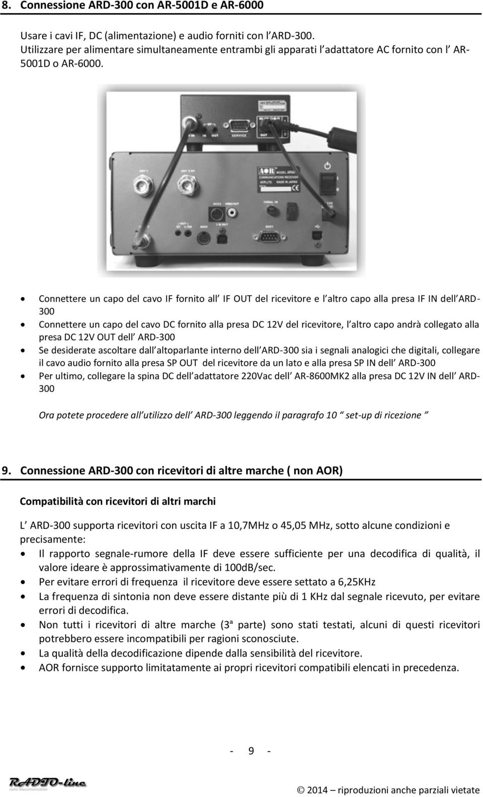 Connettere un capo del cavo IF fornito all IF OUT del ricevitore e l altro capo alla presa IF IN dell ARD- 300 Connettere un capo del cavo DC fornito alla presa DC 12V del ricevitore, l altro capo