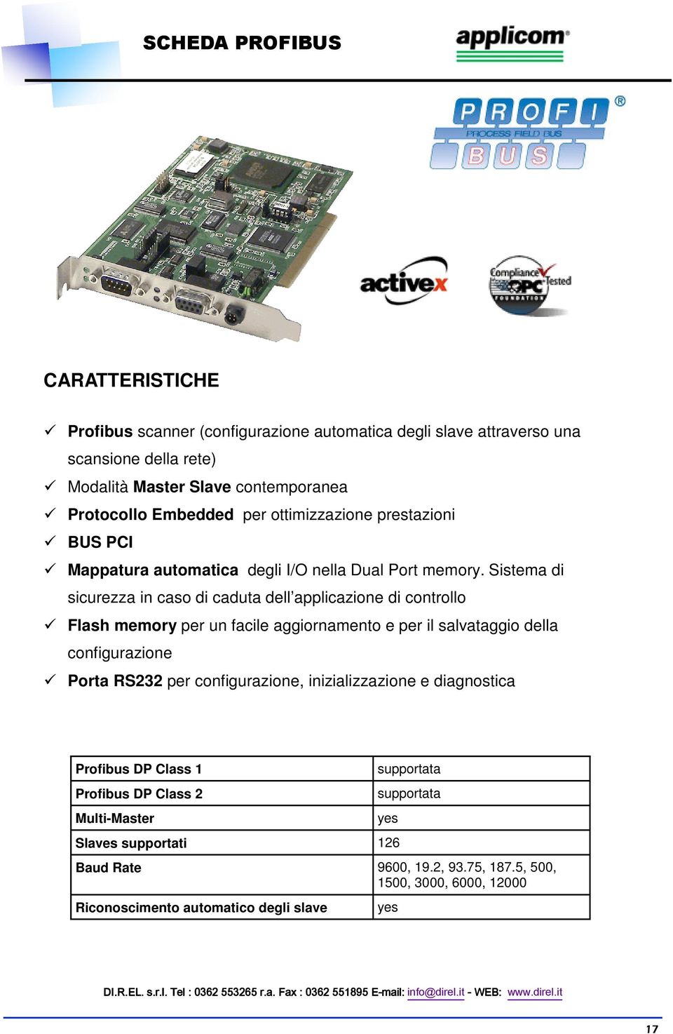 Sistema di sicurezza in caso di caduta dell applicazione di controllo Flash memory per un facile aggiornamento e per il salvataggio della configurazione Porta RS232 per configurazione,