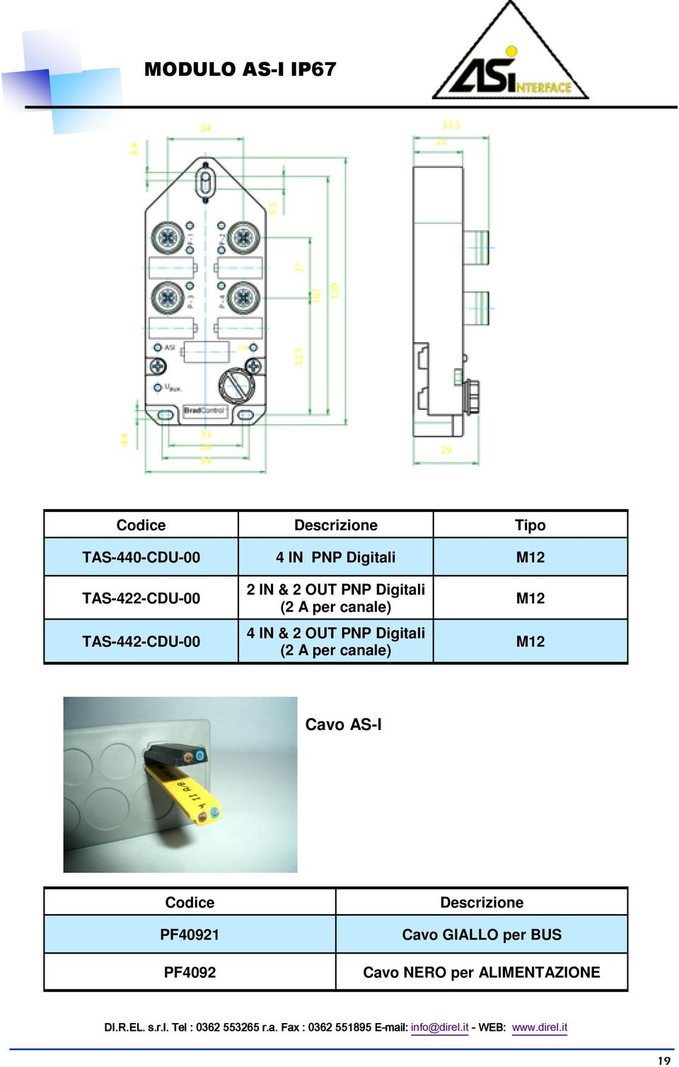 canale) Cavo AS-I Codice Descrizione PF40921 PF4092 Cavo GIALLO per BUS Cavo NRO per