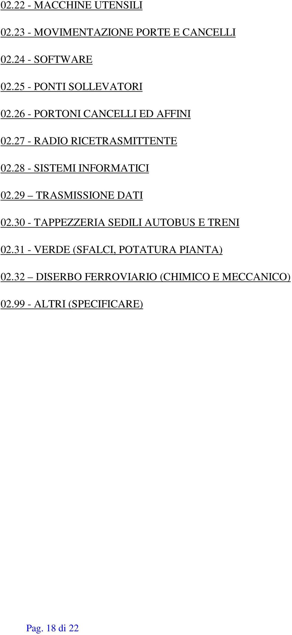 28 - SISTEMI INFORMATICI 02.29 TRASMISSIONE DATI 02.30 - TAPPEZZERIA SEDILI AUTOBUS E TRENI 02.