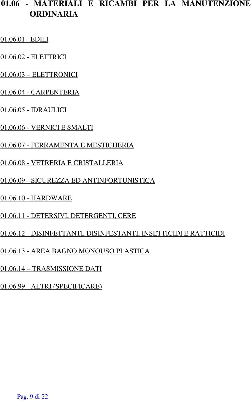 06.10 - HARDWARE 01.06.11 - DETERSIVI, DETERGENTI, CERE 01.06.12 - DISINFETTANTI, DISINFESTANTI, INSETTICIDI E RATTICIDI 01.06.13 - AREA BAGNO MONOUSO PLASTICA 01.