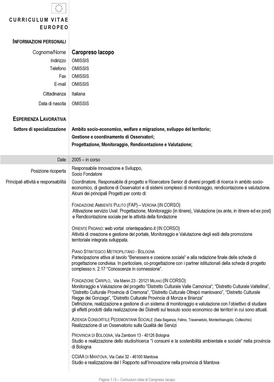 in corso Responsabile Innovazione e Sviluppo, Socio Fondatore Coordinatore, Responsabile di progetto e Ricercatore Senior di diversi progetti di ricerca in ambito socioeconomico, di gestione di