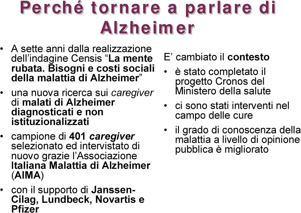 caregiver selezionato ed intervistato di nuovo grazie l Associazione Italiana Malattia di Alzheimer (AIMA) con il supporto di Janssen- Cilag, Lundbeck, Novartis e