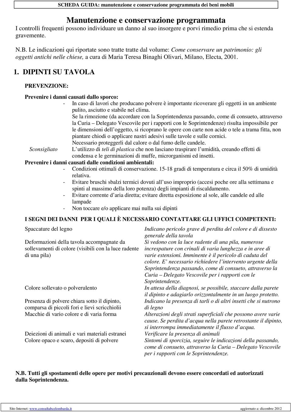 Le indicazioni qui riportate sono tratte tratte dal volume: Come conservare un patrimonio: gli oggetti antichi nelle chiese, a cura di Maria Teresa Binaghi Olivari, Milano, Electa, 2001. 1.