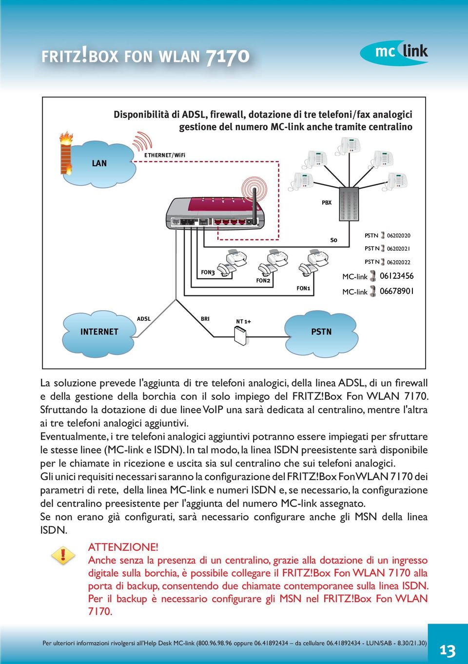 PSTN 06202022 FON3 FON2 FON1 MC-link 06123456 MC-link 06678901 INTERNET ADSL BRI NT 1+ PSTN La soluzione prevede l'aggiunta di tre telefoni analogici, della linea ADSL, di un firewall e della