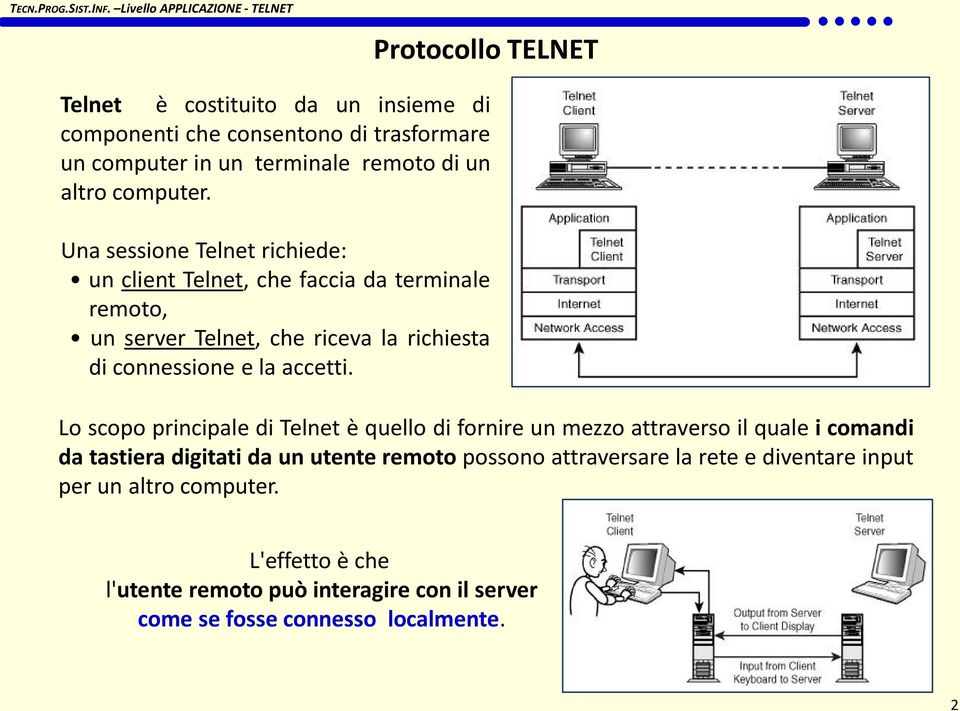 Una sessione Telnet richiede: un client Telnet, che faccia da terminale remoto, un server Telnet, che riceva la richiesta di connessione e la accetti.