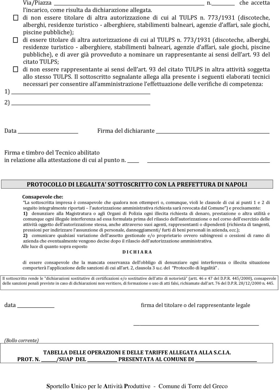 n. 773/1931 (discoteche, alberghi, residenze turistico - alberghiere, stabilimenti balneari, agenzie d affari, sale giochi, piscine pubbliche), e di aver già provveduto a nominare un rappresentante