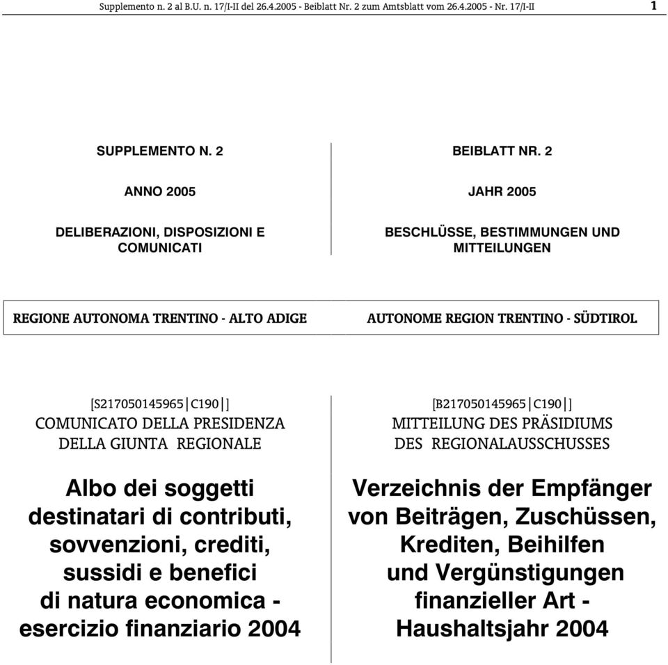 [S217050145965 C190 ] COMUNICATO DELLA PRESIDENZA DELLA GIUNTA REGIONALE Albo dei soggetti destinatari di contributi, sovvenzioni, crediti, sussidi e benefici di natura economica -