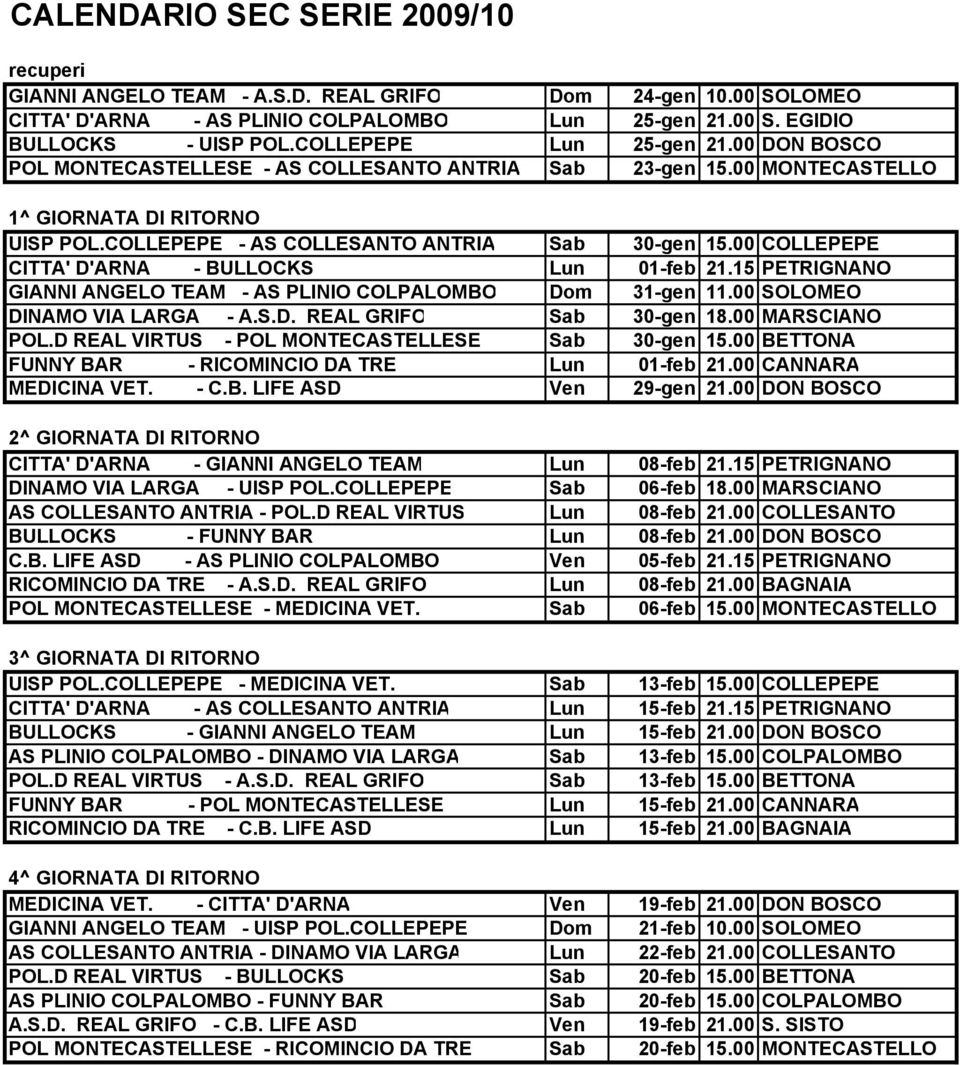 00 COLLEPEPE CITTA' D'ARNA - BULLOCKS Lun 01-feb 21.15 PETRIGNANO GIANNI ANGELO TEAM - AS PLINIO COLPALOMBO Dom 31-gen 11.00 SOLOMEO DINAMO VIA LARGA - A.S.D. REAL GRIFO Sab 30-gen 18.