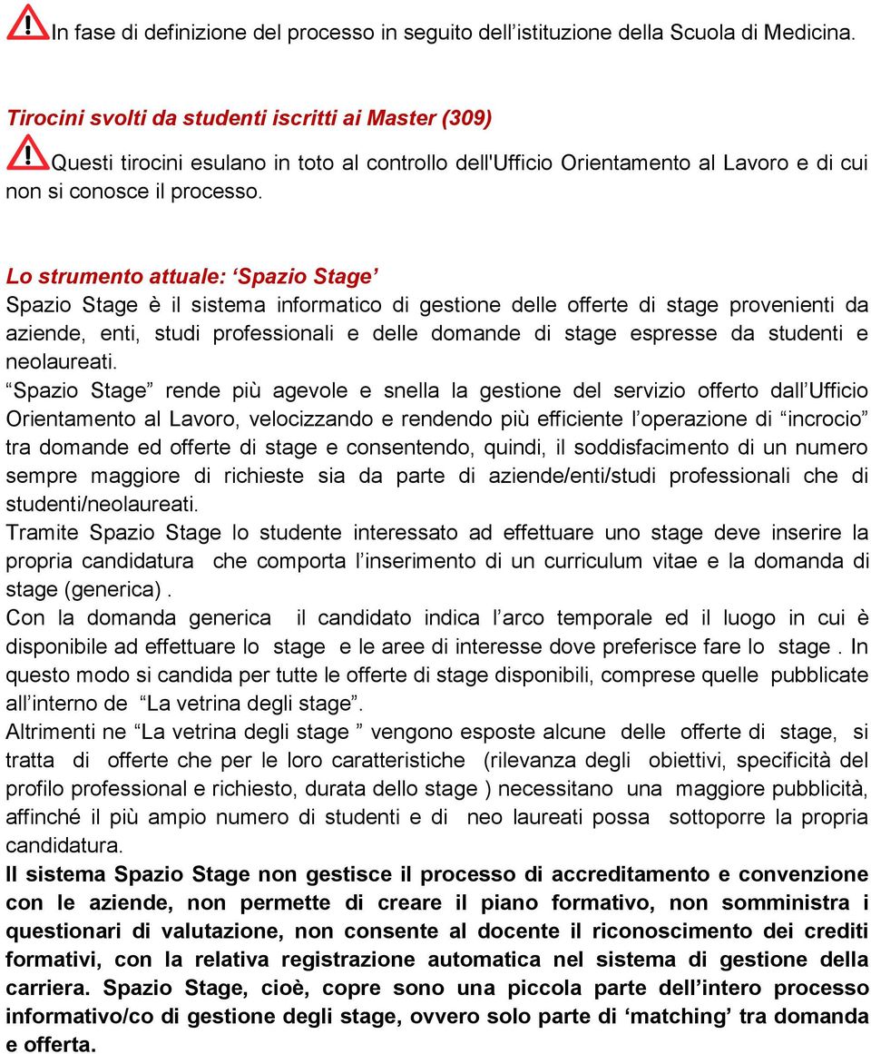 Lo strumento attuale: Spazio Stage Spazio Stage è il sistema informatico di gestione delle offerte di stage provenienti da aziende, enti, studi professionali e delle domande di stage espresse da